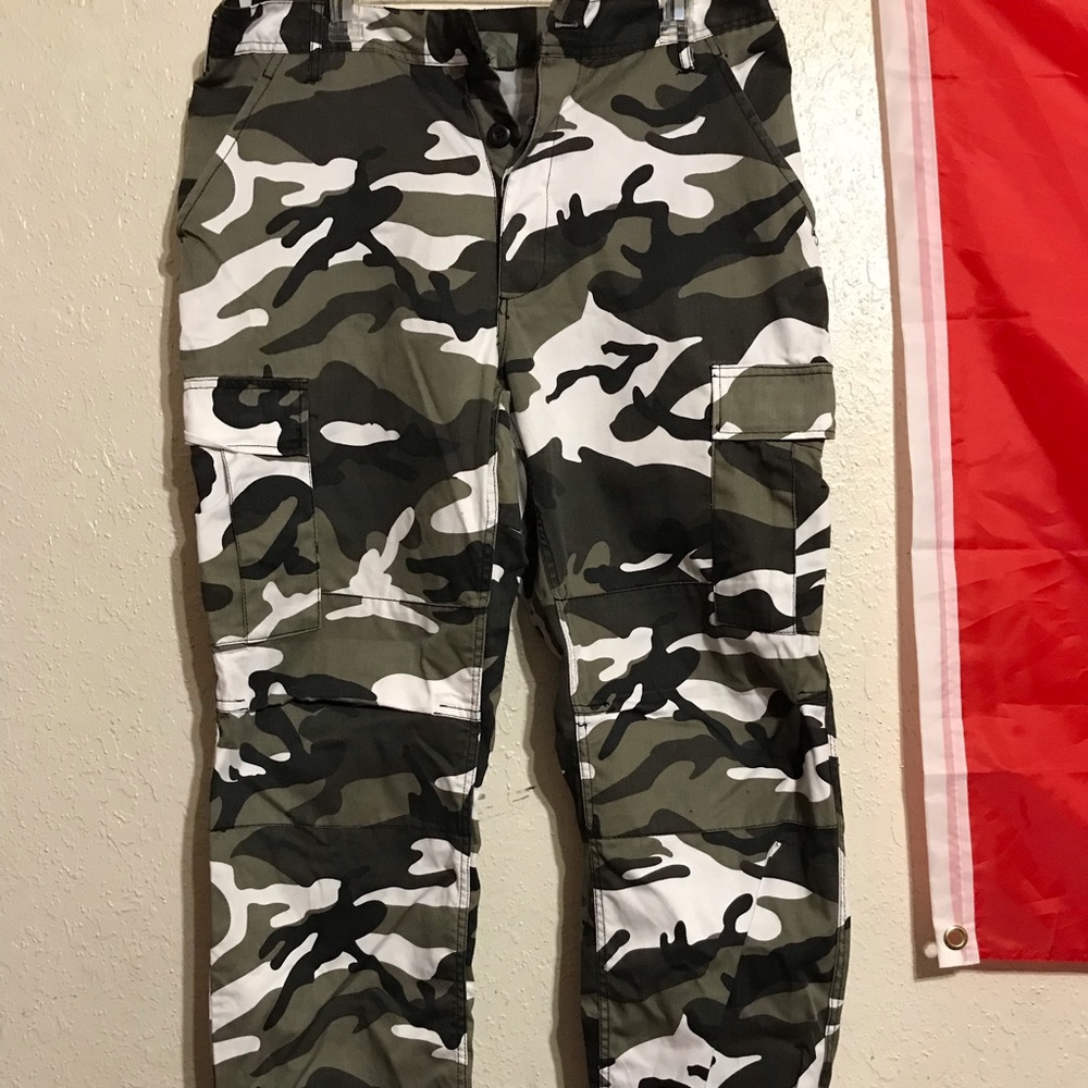 black, white, grey camo, military style pants